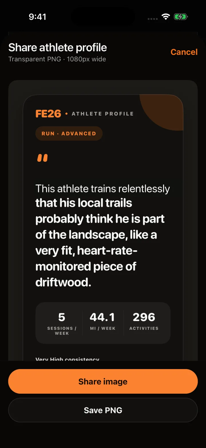 FE26 athlete profile with connected training insights