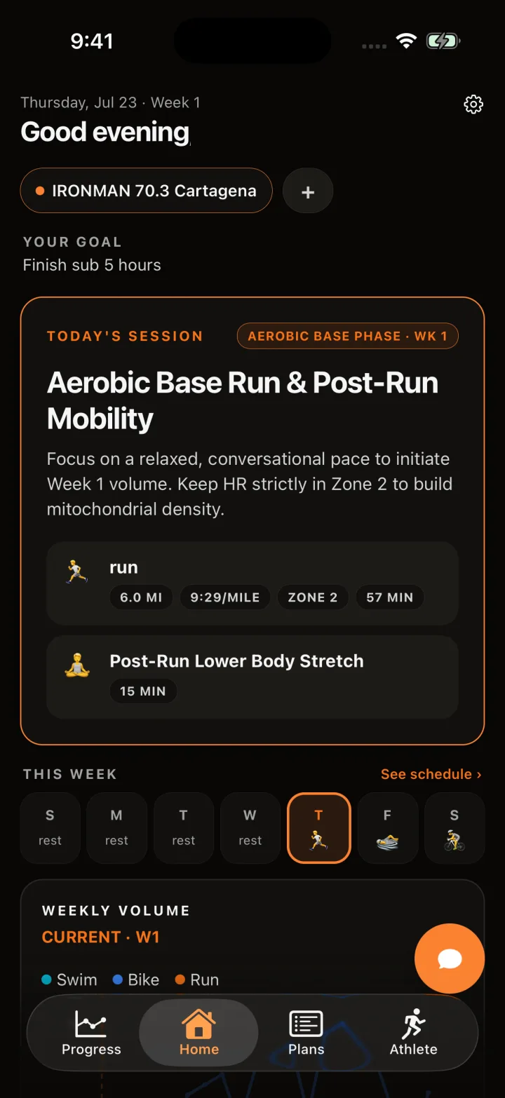FE26 Coach home screen showing today's workout and training week