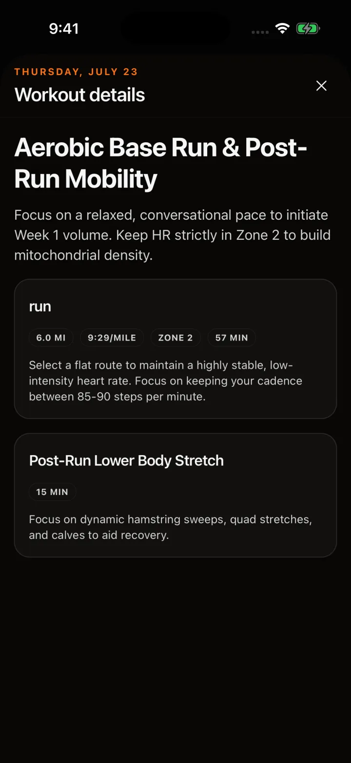 FE26 Coach workout detail showing a structured endurance session